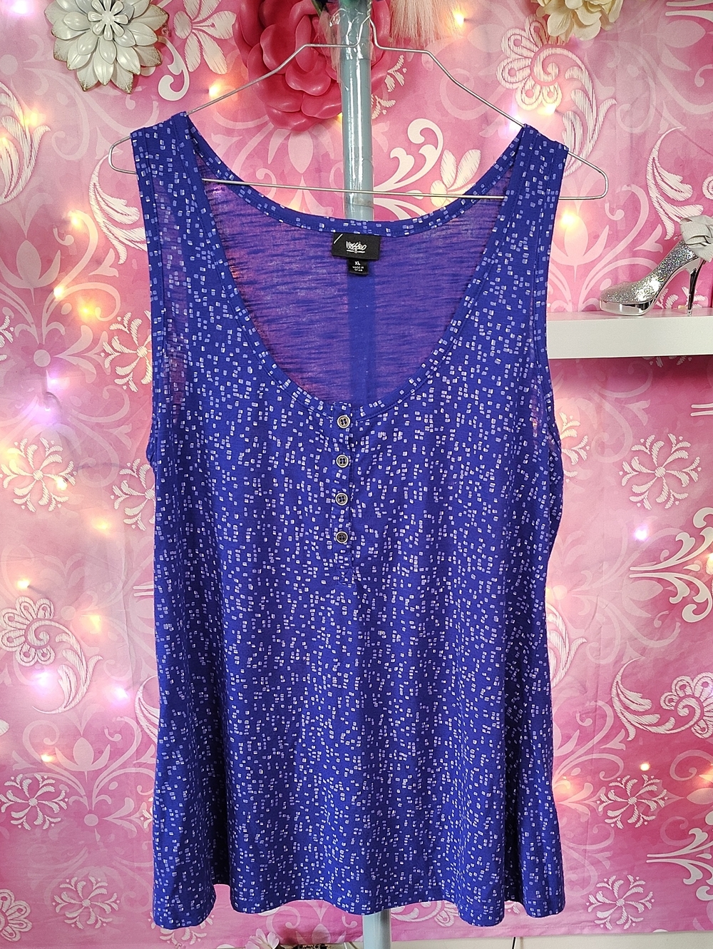 Massimo Royal Blue Printed Scoop Neck Button Tank